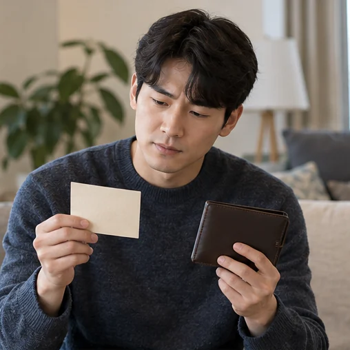 지갑과 할인 조건 메모를 살펴보는 장면 (AI 설명용 삽화)