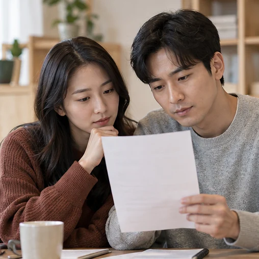 혜택 조건을 적은 자료를 함께 검토하는 장면 (AI 설명용 삽화)