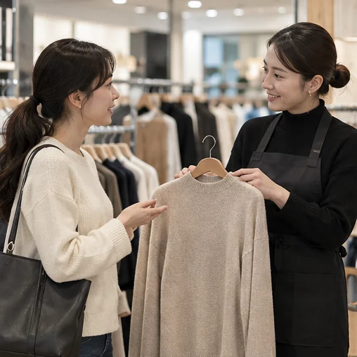 일반 매장에서 의류의 조건을 질문하는 장면 (AI 설명용 삽화)