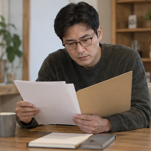 폴더의 적용 조건 자료를 읽는 장면 (AI 설명용 삽화)