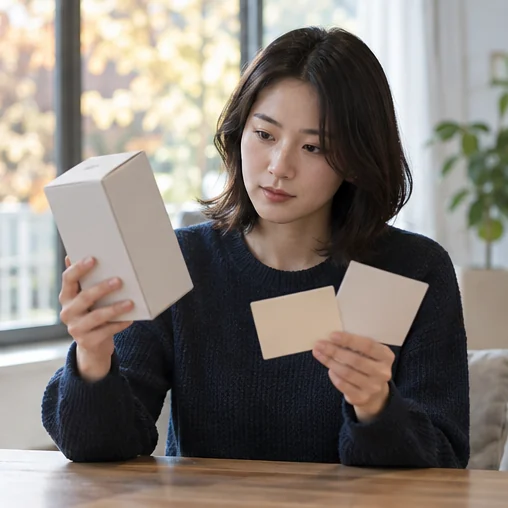 상품 상자와 대상 조건 메모를 비교하는 장면 (AI 설명용 삽화)