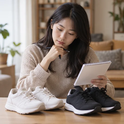 신발과 비교 노트를 살펴보며 구매를 생각하는 장면 (AI 설명용 삽화)