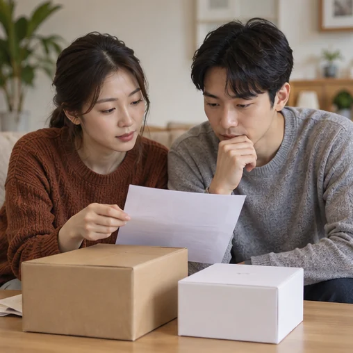 상품 상자와 비교표를 함께 확인하는 장면 (AI 설명용 삽화)