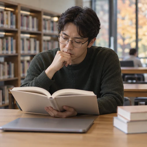 도서관에서 참고 자료를 읽는 장면 (AI 설명용 삽화)