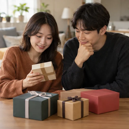 선물 목록을 함께 검토하는 모습 (AI 설명용 삽화)