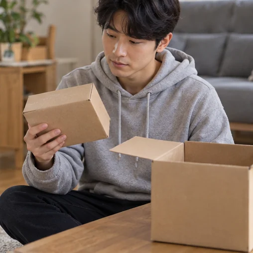 물건과 배송 상자를 함께 확인 (AI 설명용 삽화)