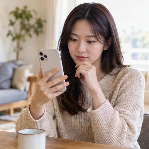 스마트폰 안내를 신중하게 확인 (AI 설명용 삽화)