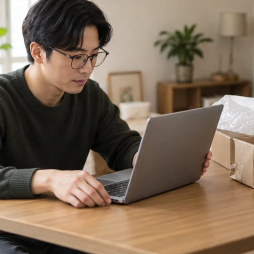 개봉한 노트북의 상태를 확인 (AI 설명용 삽화)