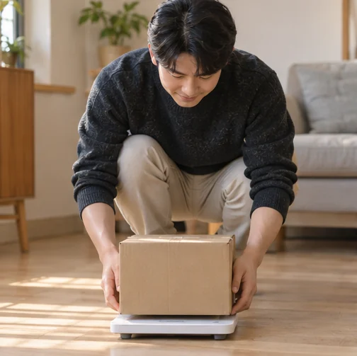 포장한 물건의 무게를 살펴보기 (AI 설명용 삽화)