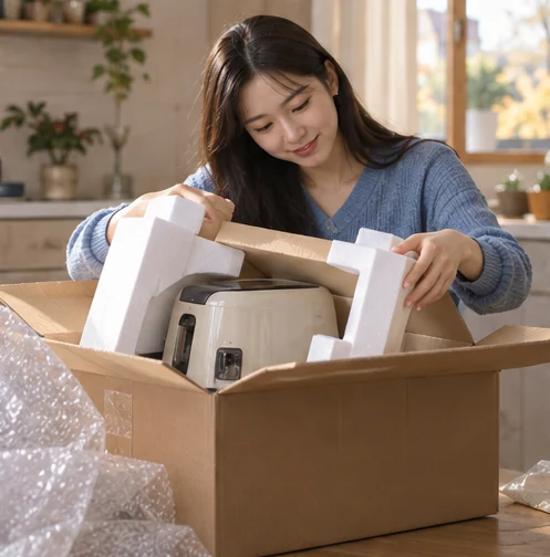 보호 포장과 상자의 상태 확인 (AI 설명용 삽화)