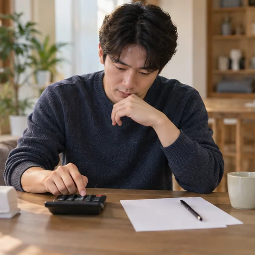 계산기로 비용 항목을 확인 (AI 설명용 삽화)