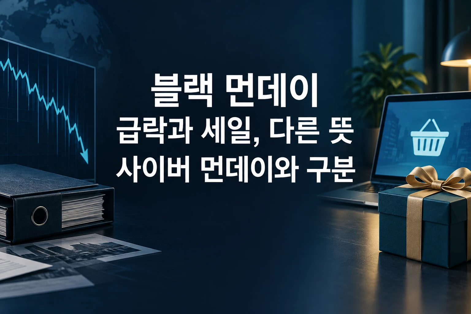 블랙 먼데이의 금융 의미와 사이버 먼데이 쇼핑을 구분하는 한글 대표 이미지 (AI 설명용 썸네일)