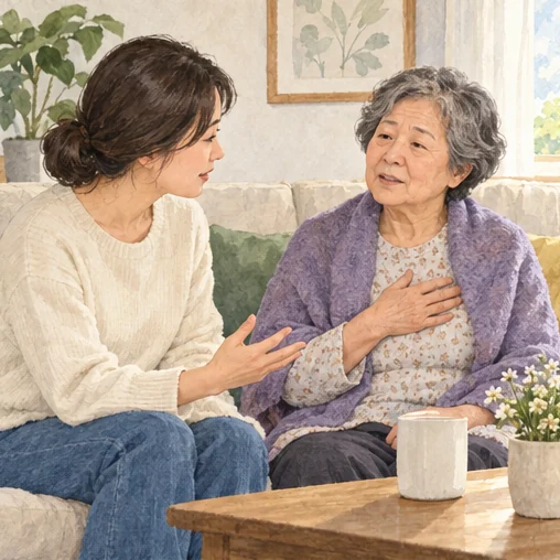 보호자가 어르신의 몸 상태를 묻고 살피는 모습 (AI 설명용 삽화)