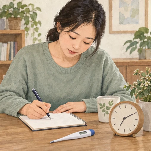 증상과 확인 시점을 기록하는 보호자 (AI 설명용 삽화)