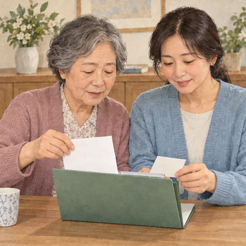 기존 약 안내와 방문 자료를 정리하는 가족 (AI 설명용 삽화)