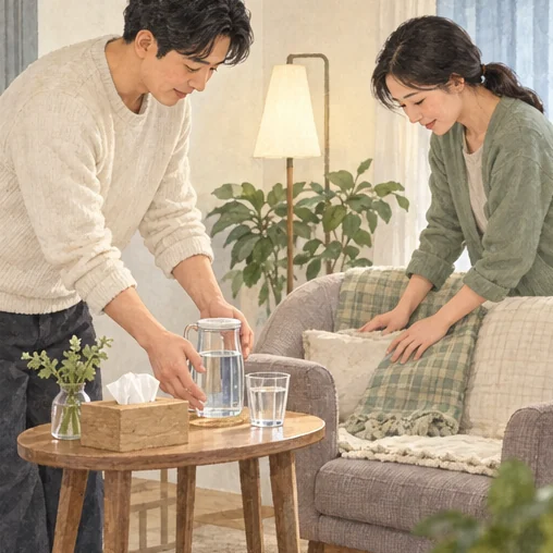 물과 휴지를 준비해 휴식 공간을 만드는 가족 (AI 설명용 삽화)