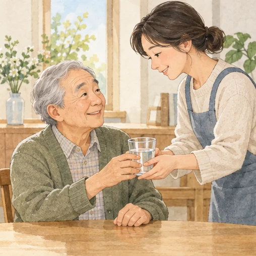 어르신의 수분 섭취를 돕는 보호자 (AI 설명용 삽화)