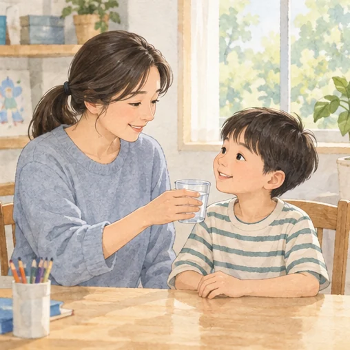 아이가 물을 마실 수 있도록 돕는 보호자 (AI 설명용 삽화)