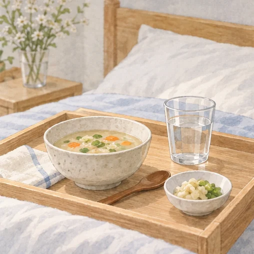 섭취할 수 있는 음식과 물을 준비한 휴식 공간 (AI 설명용 삽화)