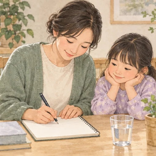 마시는 양과 돌봄 경과를 기록하는 보호자 (AI 설명용 삽화)