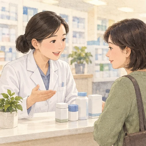 약사에게 기존 약과 사용할 제품을 상담하는 모습 (AI 설명용 삽화)