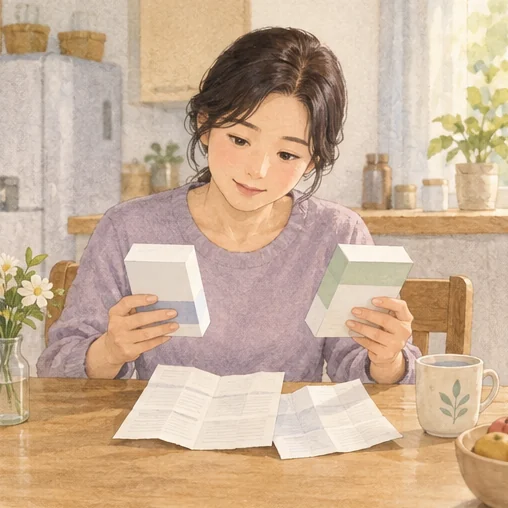 약 포장과 설명서를 비교하는 보호자 (AI 설명용 삽화)