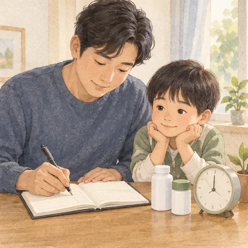 약을 준 시간과 실제 내용을 기록하는 보호자 (AI 설명용 삽화)