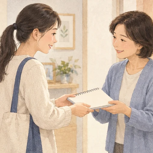 교대 보호자에게 돌봄 기록을 전달하는 모습 (AI 설명용 삽화)