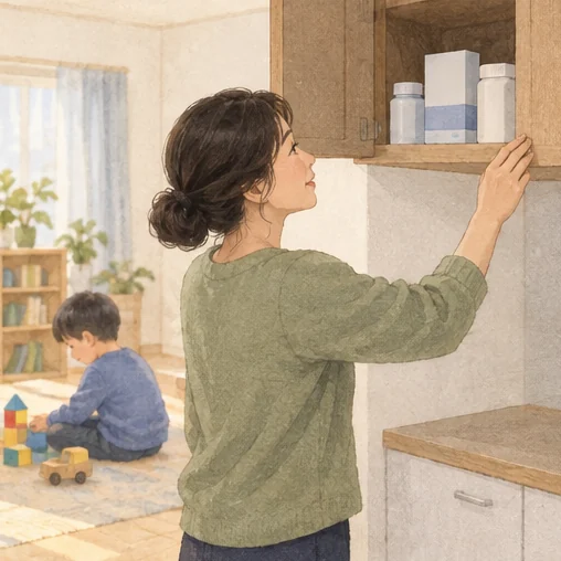 약을 보관 장소에 정리하는 보호자 (AI 설명용 삽화)