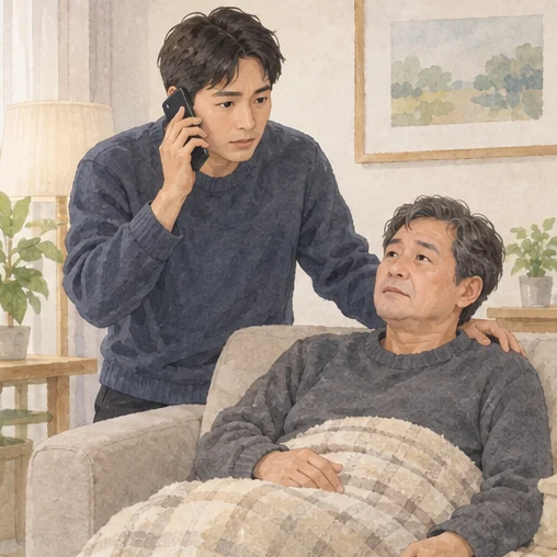 걱정되는 증상으로 긴급 도움을 요청하는 보호자 (AI 설명용 삽화)