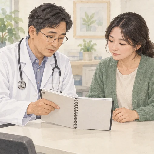 관찰 기록을 의료진과 함께 확인하는 모습 (AI 설명용 삽화)