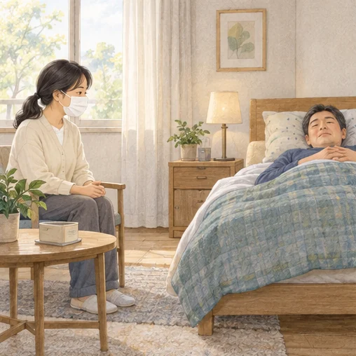 마스크와 거리 유지로 환자를 돌보는 보호자 (AI 설명용 삽화)