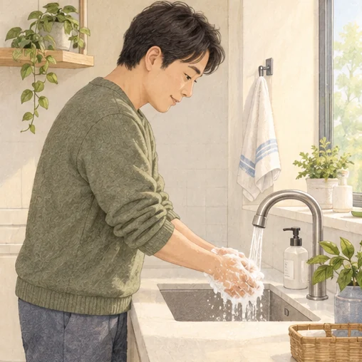 돌봄 뒤 손을 씻는 모습 (AI 설명용 삽화)