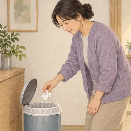 사용한 휴지를 바로 버리는 모습 (AI 설명용 삽화)