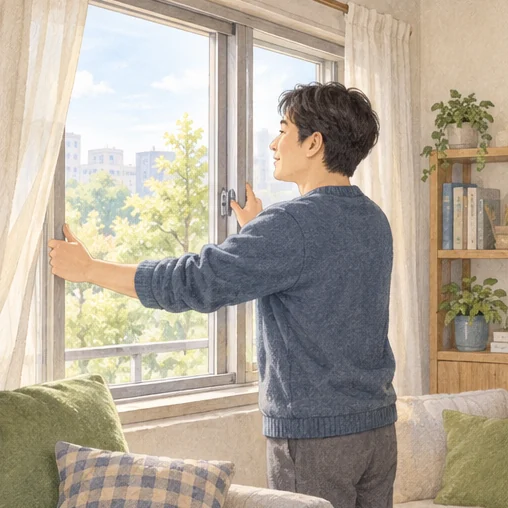 창문을 열어 실내를 환기하는 모습 (AI 설명용 삽화)