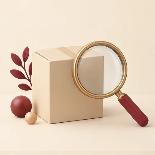 상품 세부 사항을 확인하는 상자와 돋보기 (AI 설명용 삽화)