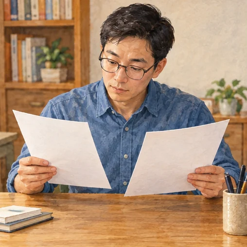 두 보고 자료를 비교하는 성인 (AI 설명용 삽화)