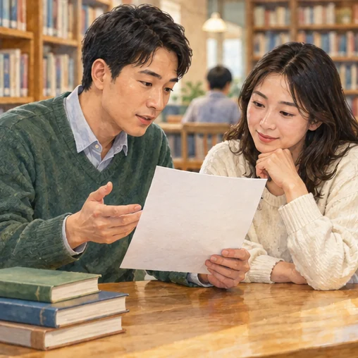 자료의 내용을 함께 살펴보는 독자 (AI 설명용 삽화)