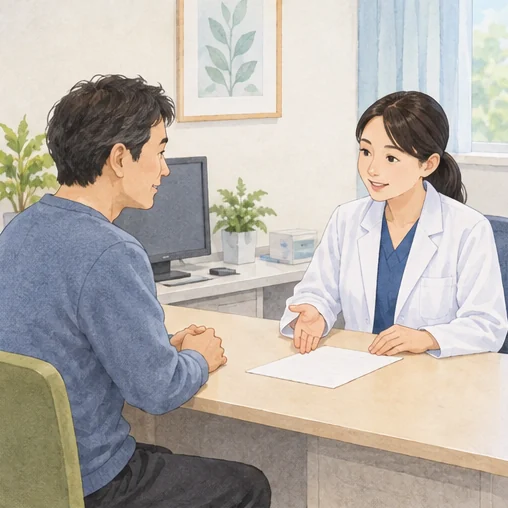 의료진에게 현재 상태를 설명하는 상담 (AI 설명용 삽화)