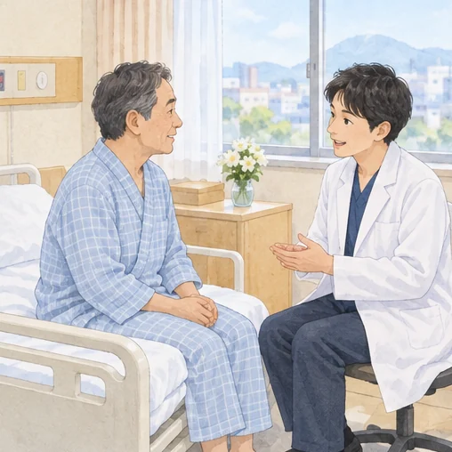 입원 진료 계획을 설명받는 환자 (AI 설명용 삽화)
