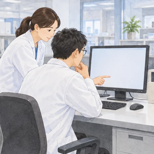 검사 자료를 함께 확인하는 직원들 (AI 설명용 삽화)