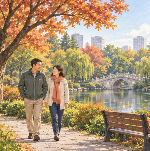 가을철 공원에서 이동하는 사람들 (AI 설명용 삽화)
