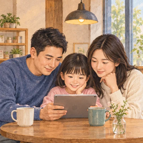 건강정보를 함께 살펴보는 가족 (AI 설명용 삽화)