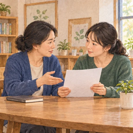 지역 생활정보를 논의하는 성인들 (AI 설명용 삽화)