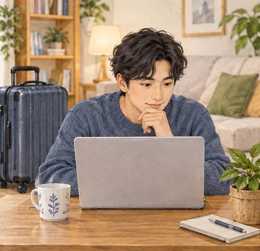 여행 준비 중 건강정보를 확인하는 성인 (AI 설명용 삽화)