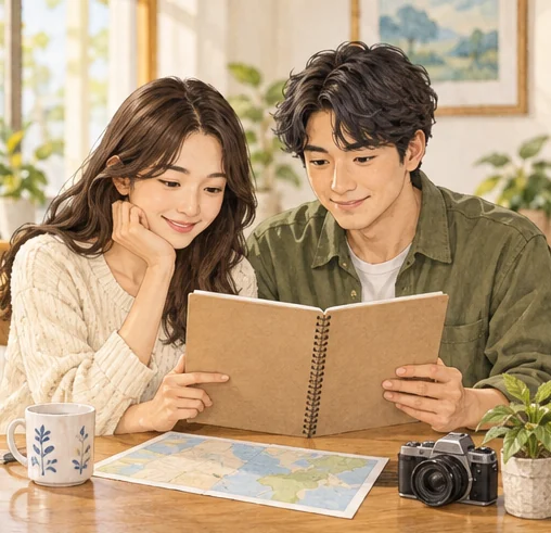 여행 계획을 함께 살펴보는 가족 (AI 설명용 삽화)
