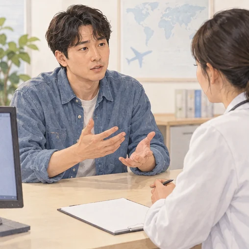 최근 여행 이력을 의료진에게 설명하기 (AI 설명용 삽화)