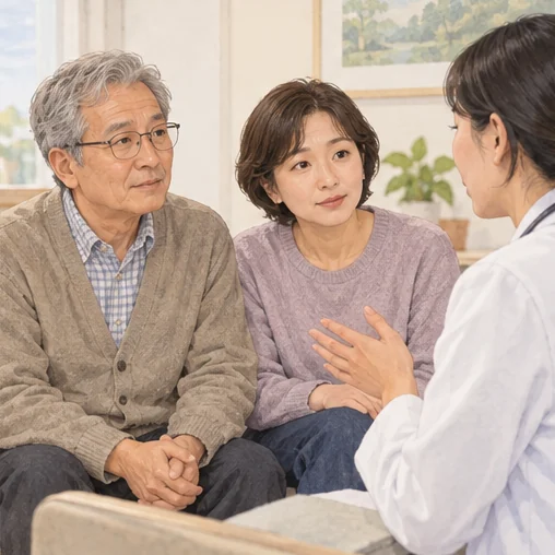 고령자와 보호자가 함께 받는 상담 (AI 설명용 삽화)