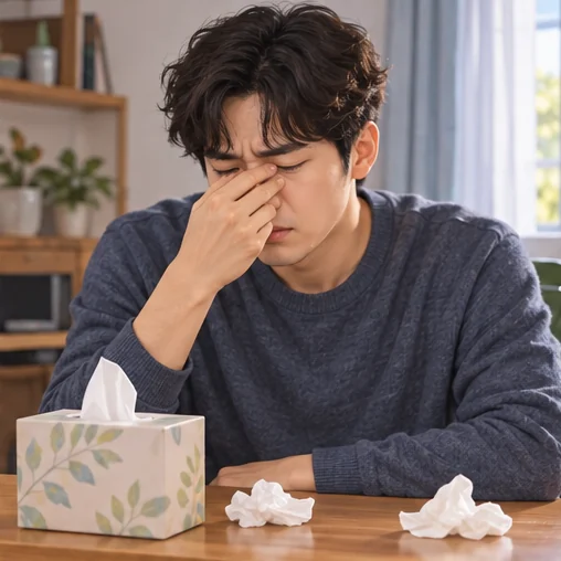 코막힘과 불편을 느끼는 모습 (AI 설명용 삽화)