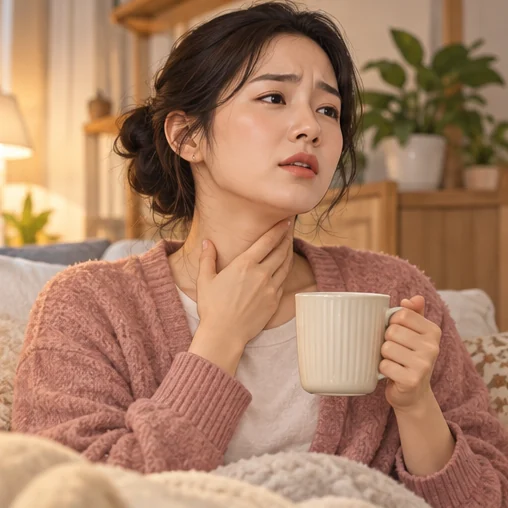 목이 불편해 잠시 쉬는 모습 (AI 설명용 삽화)